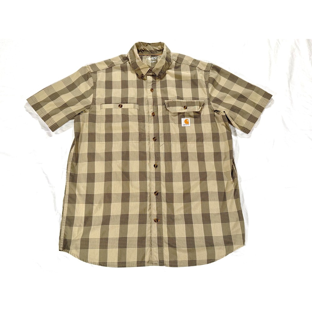 Carhartt Force Relaxed Fit Plaid Short Sleeve Shirt Tan Brown Mens Large 103549